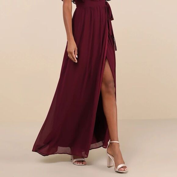 Lulus Convincing Grace Burgundy Flutter Sleeve Wrap Maxi Dress Size Large NEW - Picture 7 of 12